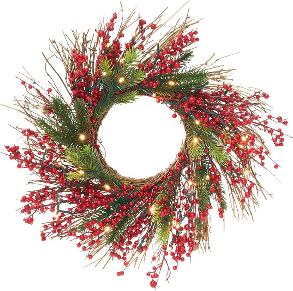 Pre-Lit Christmas Wreath 20 Inches Small Light Timer Artificial Pine Berries Xmas Decorations for Front Door Holiday Fireplace Wall Window Decor