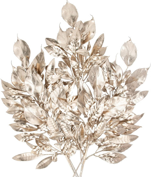 5 Pcs Fake Leaves Plants for Christmas Decor 20 Inch Metallic Gold Artificial Magnolia and Bay Leaves Faux Tropical Leaves with Stems for Holiday Decor Christmas Mantle Garland Wreath - Champagne