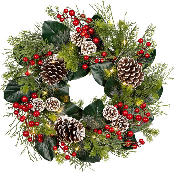 Christmas Wreath 20 Inch Outdoor Lighted Christmas Wreath with Red Berries and Flocked Pine Cones LED Xmas Wreath for Front Door Winter Holiday Christmas Party Decorations