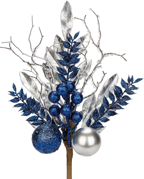 DILATATA 3 Pcs Christmas Glitter Leaves Fern Stems with Ball Ornament, Bay Leaves, 15 Inch Artificial Christmas Picks Floral Branches for Christmas Tree, Xmas Wreath, Centerpieces, Home Decor - Blue