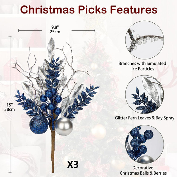 DILATATA 3 Pcs Christmas Glitter Leaves Fern Stems with Ball Ornament, Bay Leaves, 15 Inch Artificial Christmas Picks Floral Branches for Christmas Tree, Xmas Wreath, Centerpieces, Home Decor - Blue