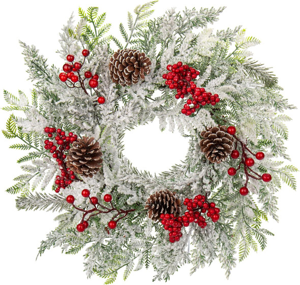 Christmas Wreath, 18 Inch Flocked Snow Wreath with Frosted Branches, Berries and Pine Cones for Front Door Decoration Indoor Window Wall Fireplace Xmas Décor