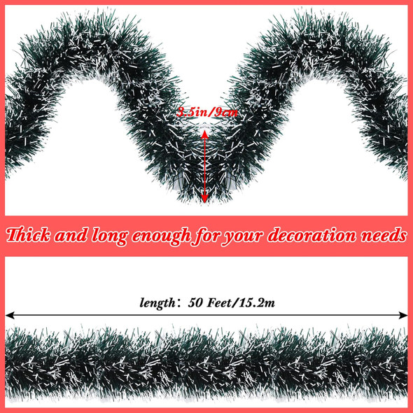 50 Feet Christmas Tinsel Garland Metallic Twist Garland Frost Tip Glitter Xmas Tree Decorations Shiny Wreath for Christmas Party Supplies Indoor and Outdoor Decor, 3.5 Inch Wide (Green)
