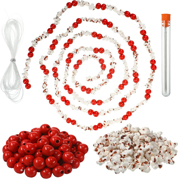 452 Pcs Popcorn and Cranberry Garland DIY Making Kit Artificial Cranberry Popcorn Garland Realistic Popcorn Rustic Cranberry Bead Christmas Tree Garland Decorations for Home Fireplace Window Door