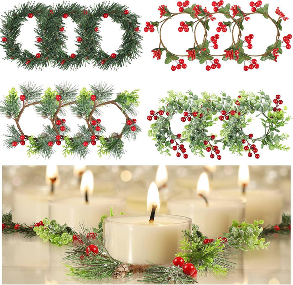 12 Pcs Christmas Candle Rings Simulation Colored Berry Candle Garland with Pine Cones Candelabra Candle Holder Candle Rings Wreaths Dining Table Centerpiece for Xmas Party Table Decoration, 4 Styles