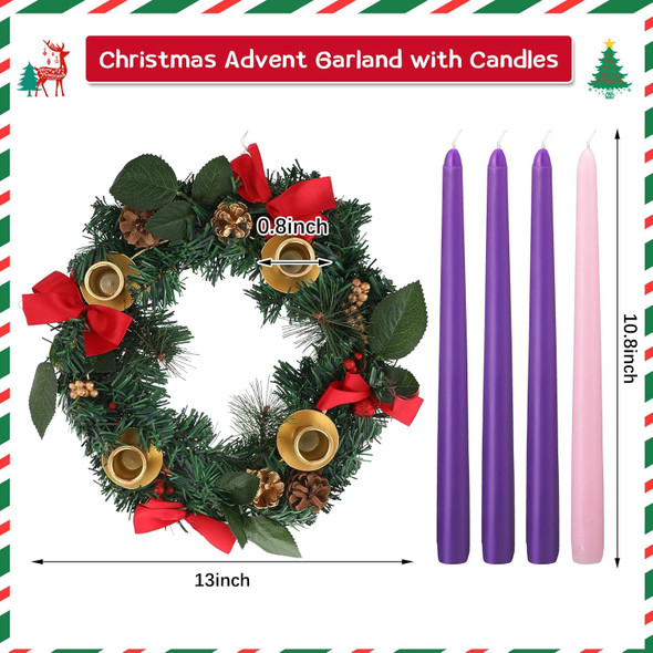 12 Inch Christmas Advent Wreath Advent Candle Holder with 4 Taper Candles Remote Control Christmas Centerpiece Decorations for Christmas Table Indoor Home Church (Red Series)