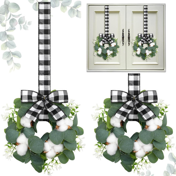 Dingion 2 Pcs 10" Christmas Kitchen Cabinet Wreaths Mini Cotton Eucalyptus Wreath for Front Door Small Farmhouse Winter Wreath with Buffalo Plaid Ribbon for Door Porch Wall Window Chair Decor
