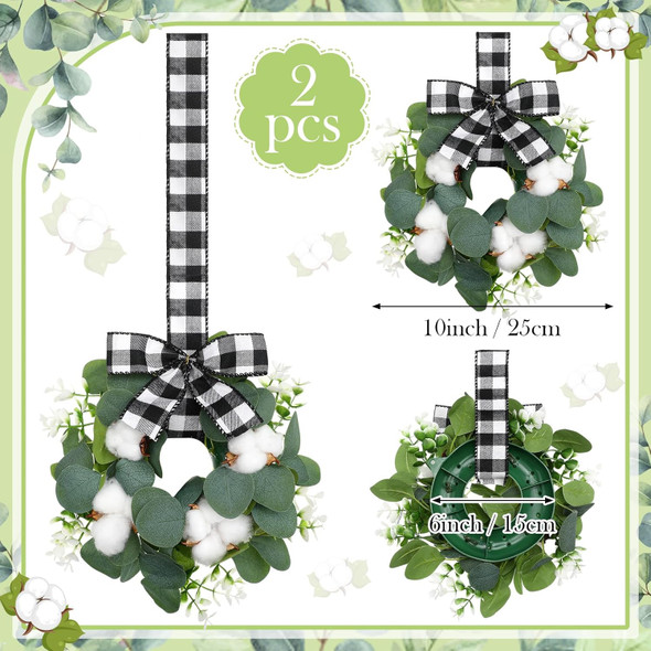 Dingion 2 Pcs 10" Christmas Kitchen Cabinet Wreaths Mini Cotton Eucalyptus Wreath for Front Door Small Farmhouse Winter Wreath with Buffalo Plaid Ribbon for Door Porch Wall Window Chair Decor