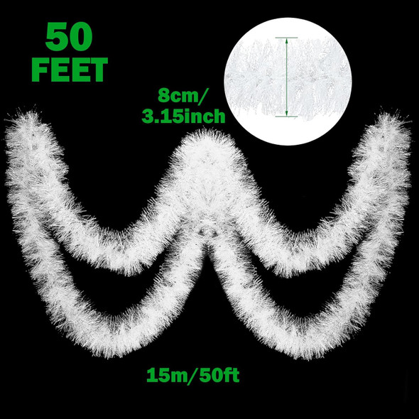 50 Feet Christmas Tinsel Garland Christmas Garland Tree Decorations Tinsel Garland for Outdoor or Indoor Use Christmas Holiday Decor (White)