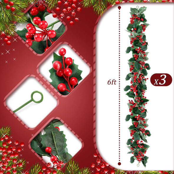 18 ft Red Berry Christmas Garland Artificial Berry Garland Xmas Decorations Indoor Outdoor Farmhouse Pine Leaves Winter Garland for Home Christmas Holiday Year Decor (Unlighted)