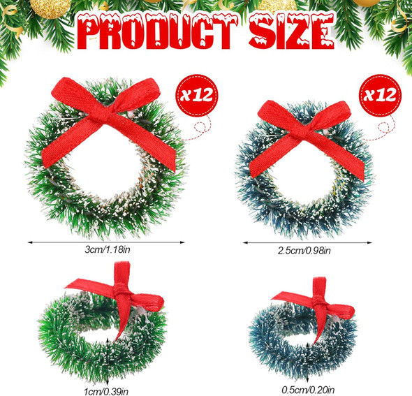 Dingion 24 Pieces Mini Christmas Wreaths with Bows Include 1 Inch Blue Green 1.2 Inch Grass Green for Christmas Tree Decoration (Simple Style)