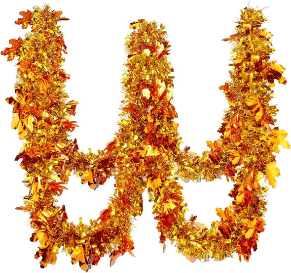 Dingion Thanksgiving 6 Pcs/ 39 Ft Fall Leaves Orange Tinsel Garland Gold Maple Leaf Metallic Twist Garland Decor Pumpkin Autumn Christmas Party Supplies for Home Door Fall Decoration(Maple Leaf)