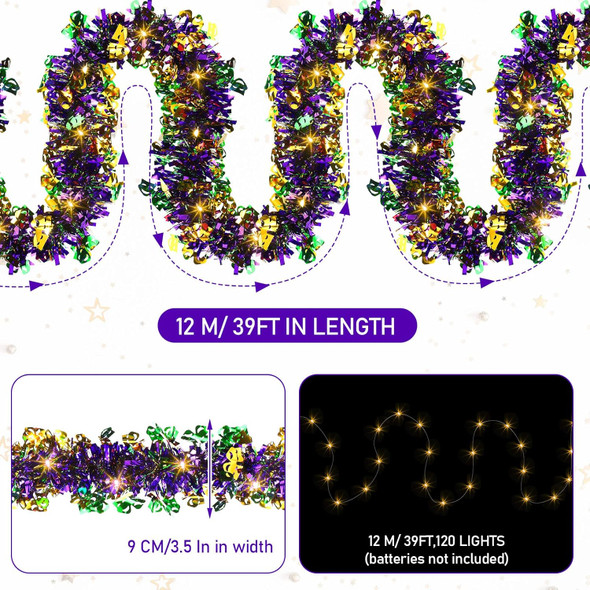 39.4 Feet Mardi Gras Garland with 120 LED Lights Mardi Gras Decorations for Tree Shiny Metallic Mardi Gras Tinsel Garland Ornament for Carnival Party Indoor Outdoor Decorations