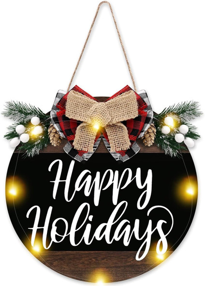 Distaratie Happy Holidays Door Wreath Sign Christmas Decorations Buffalo Plaid Natural Wood LED Light Xmas Hanging Decor for Front Door Window Rustic Farmhouse Indoor Outdoor, Grain Black,12 Inches