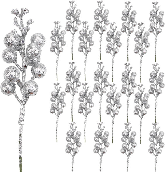 DIYASY Silvery Berry Stems for Christmas Tree Ornaments,20 Pcs 7.8 Inch Artificial Glitter Christmas Tree Picks,DIY Xmas Wreath, Holiday and Home Decoration