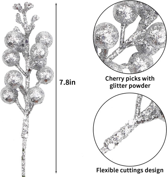 DIYASY Silvery Berry Stems for Christmas Tree Ornaments,20 Pcs 7.8 Inch Artificial Glitter Christmas Tree Picks,DIY Xmas Wreath, Holiday and Home Decoration
