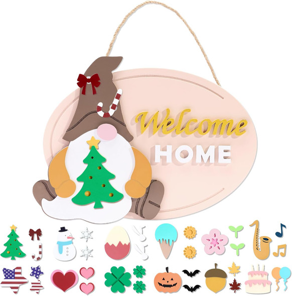 DN DECONATION 37Pcs Interchangeable Gnome Welcome Home Sign for Front Door Porch Decor,Wood Christmas Hanging Wreath,12 Them Seasonal Xmas Holiday Decoration with 36 Magnet Pieces,House Warming