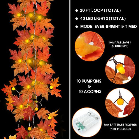 Fall Garland with Lights String Decorations: 2 Pack Maple Leaves String Light Outdoor Indoor Total 40 LED Battery Operated Orange Pumpkin Decoration for Thanksgiving Halloween Christmas Fall Decor