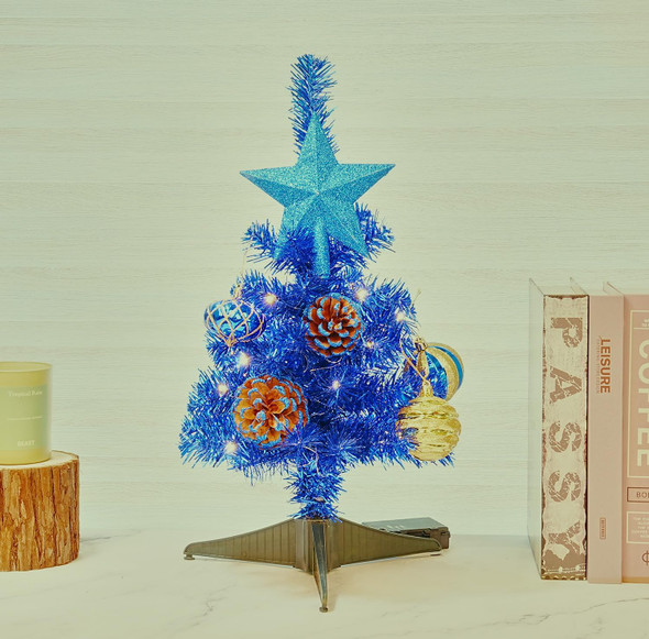 Tabletop Christmas Tree Mini Small 18 inches Blue Christmas Trees Artificial Classic Tinsel Feather Tree Tabletop Christmas Decor Halloween Collection