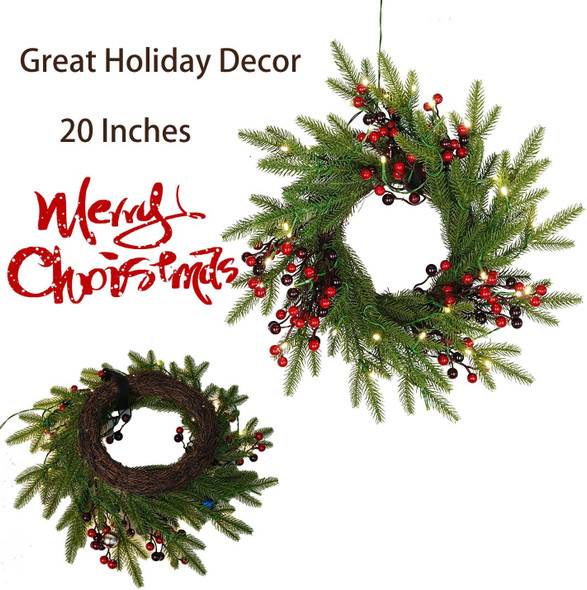 Pre-Lit Christmas Wreath 20 Inches Small Battery Operated Timer Lighted Artificial Pine Berries Xmas Decorations for Christmas Festival Celebration Front Door Wall Window Party Decor