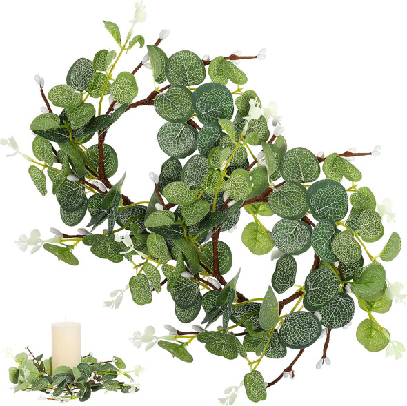 DOITOOL Candle Wreaths Rings 6 Inch - 2PCS Christmas Candle Rings - Greenery Wreath Candle Rings Wreaths for Christmas Centerpiece Table Decorations Farmhouse Wedding Party Home Decor