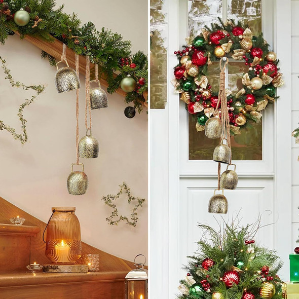 Christmas Bells Decoration, Gold Brass Hanging Bells with Jute Rope Cow Bells Christmas Decoration, Handmade Vintage Cow Bells Ideal for Christmas Tree, Wreath, Party, Holiday Decorations