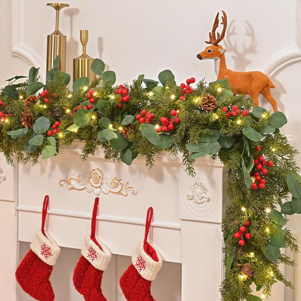 Dolicer 5.7Ft Christmas Garland with 9.8Ft Lights Strings, Eucalyptus, Red Berries, Artificial Pine Cypress Garland Greenery Garland Christmas Decorations for Winter Party Home Fireplace Wall Decor