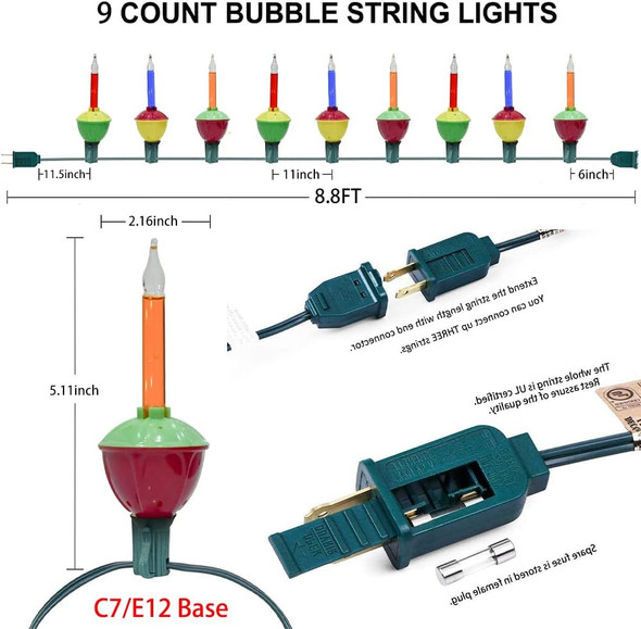 Christmas Multicolor Bubble Lights, 8.8 Ft Traditional Bubble String Lights with 10 Orange/Red/Blue Bubble Fluids Bulbs, UL Listed for Christmas Tree Holiday Party Decor Lighting, Green Wire