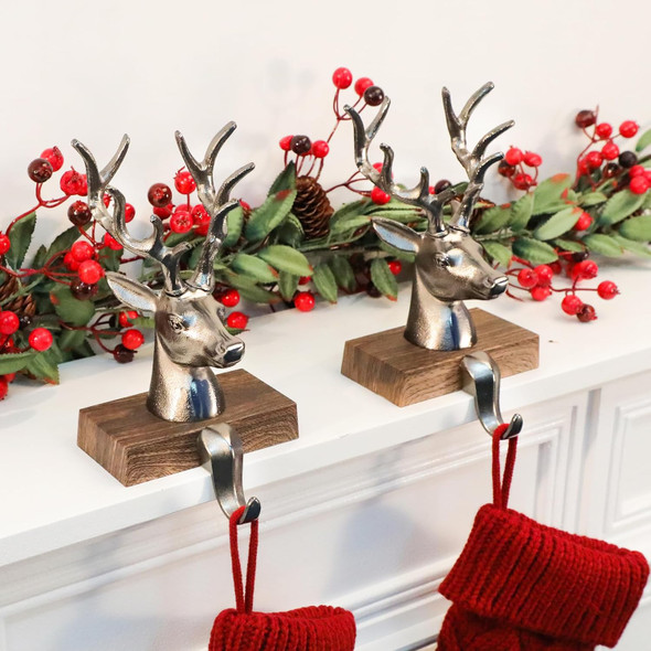 Christmas Stocking Holders for Mantle 3D Reindeer Stocking Hangers Hooks Mantel Garland Clips Metal Grips for Xmas Fireplace Decorations (Black)