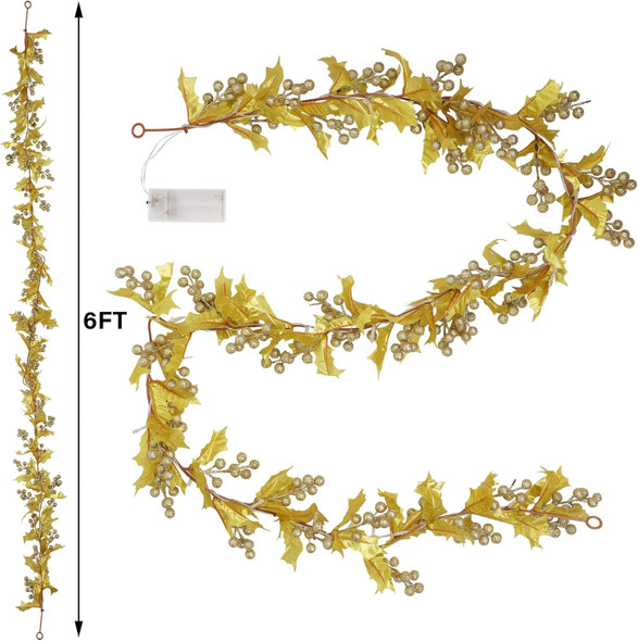 DR.DUDU 2 Pcs 6 FT Gold Berry Christmas Garlands, 20 LED Lighted Artificial Christmas Garland, Flexible Glittered Garlands for Home Indoor Outdoor Xmas Tree Mantle Fireplace Holiday Decorations