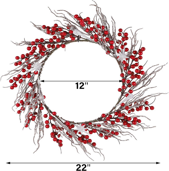 DR.DUDU 22 Inches Lighted Christmas Wreath for Front Door, Battery Operated Red Berry Artificial Wreaths with Light up Snowflakes Ornaments, Christmas Decorations for Home Mantle Holiday Party
