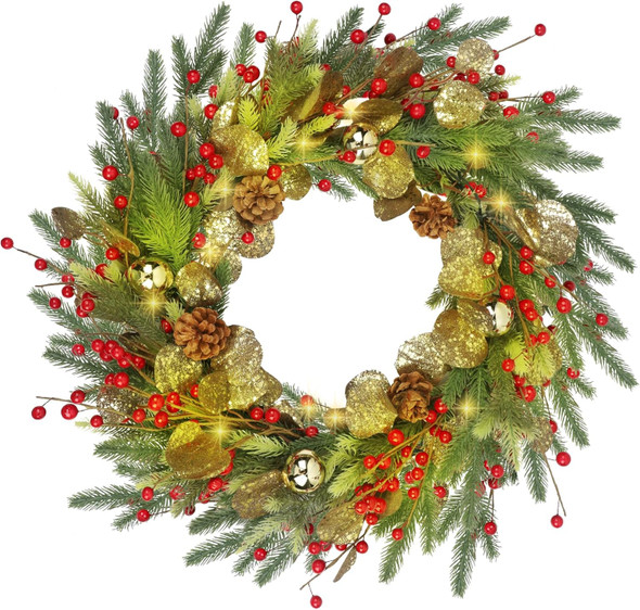 DR.DUDU Christmas Wreath with Lights, 22" Battery Operated Lighted Wreath with Timer for Front Door, Pre-lit Artificial Xmas Wreaths with Red Berries, Gold Leaf, Christmas Decorations for Home Window