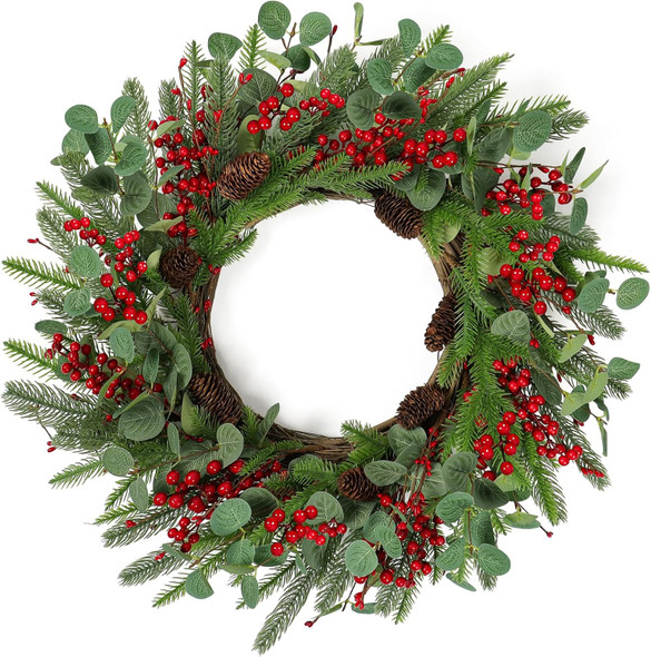 Dremisland 24 Inch Artificial Christmas Wreath for Front Door Xmas Red Berry Wreath with Pine Needles Cones Winter Eucalyptus Wreath Christmas Decorations for Wall Window Home Holiday Xmas Decor
