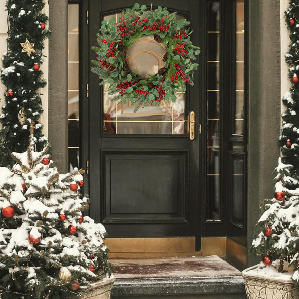 Dremisland 24 Inch Artificial Christmas Wreath for Front Door Xmas Red Berry Wreath with Pine Needles Cones Winter Eucalyptus Wreath Christmas Decorations for Wall Window Home Holiday Xmas Decor