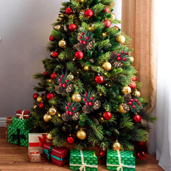 DULRLLY 20pcs Artificial Pine Picks, Pine Needles Branches with Red Berry Stems, Small Fake Berries Pinecones Branches for Crafts Xmas Tree DIY Garland Holiday Wreath (A)
