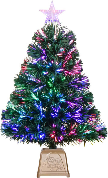 24inch Green Fiber Optic Christmas Tree,Pre-Lit Artificial Mini Christmas Tree, Tabletop Small Xmas tree with Stars Holiday Home Decorations