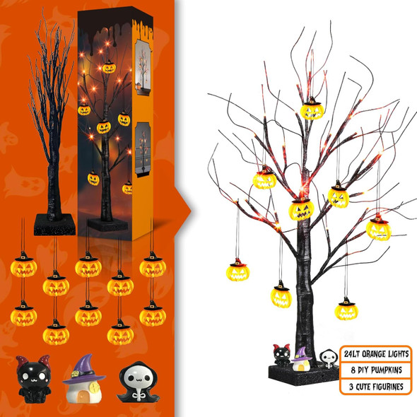 EAMBRITE Halloween Tree, 2FT Black Spooky Tree with 24 LED Orange Lights 8 Pumpkin, Battery Operated Small Tabletop Black Tree with Timer for Indoor Centerpiece Decorations Christmas Home Fireplace