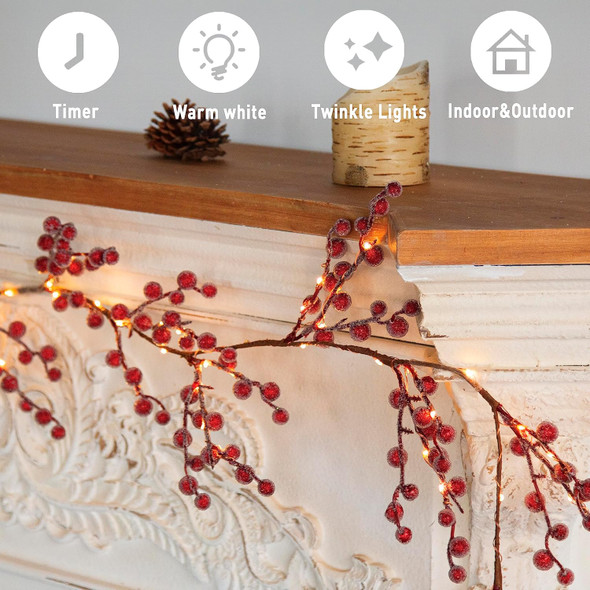 EAMBRITE Lighted Red Berry Garland, 6 FT 88 LED Christmas Garland with Warm White Lighs, Battery Operated Garland with Timer Christmas Decorations for Fireplace Mantle Mantel Indoor Outdoor Use