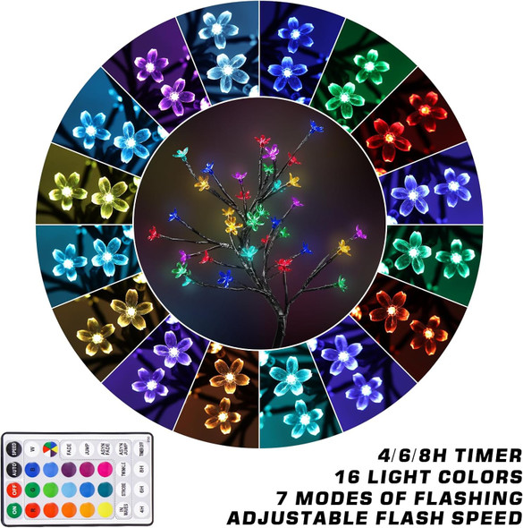 36 LED RGB Cherry Blossom Tree Light 16 Color-Changing LED Artificial Flower Bonsai Tree with Remote, Pink Table Top Lamp Home Lit Tree for Halloween Party Christmas Table Top Decor, Brown Branch