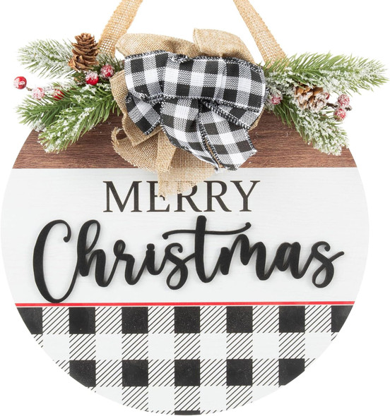 Christmas Wreath Buffalo Plaid Wooden Sign Wall Wwag Decor for Front Door Porch Reef Farmhouse Indoor Outdoor Window Xmas Decorations Clearance (White)