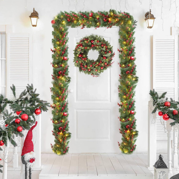 24 Inch Christmas Wreaths, Christmas Wreaths for Front Door with Balls Ornaments, Eucalyptus and Battery Operated LED Lights, Large Artificial Xmas Wreath with Timer for Outdoor Holiday Decor