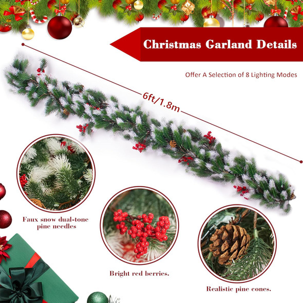 Christmas Garland with 50 LED Lights-6Ft Garland Christmas Decorations 8 Modes Pine Needles Per-Lit Christmas Garlands Red Berries Pine Cones Battery Operated Xmas Garland for Mantel Stairs Fireplace
