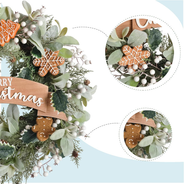 24“ Christmas Wreath Winter Wreath for Front Door with Lamb's Ear Leaves Holly Leaves Berries Gingerbread Decoration Wreath for Farmhouse Indoor Outdoor Holiday Home Decor