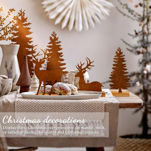 5pcs Metal Christmas Trees and Elk Decor, Vintage Evergreen Trees Table Centerpieces Farmhouse Rustic Christmas Decorations for Room Mantel Fireplace Shelf