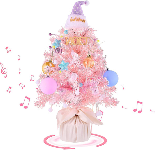 Mini Christmas Tree with Light and Music, Small Christmas Tree, with Spinning Base, Sing Jingle Bells,20 INCH Tabletop Christmas Tree, Flocking Material with Christmas Decor, Small Xmas Tree