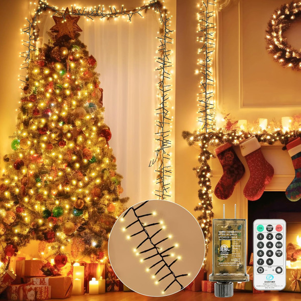 100ft 1000 LED Cluster Lights Christmas Tree Outdoor String Lights with Remote Plug in, 8 Modes Timer, Firecrackers Waterproof Twinkle Fairy Lights for Xmas Garland Window Indoor, Warm White