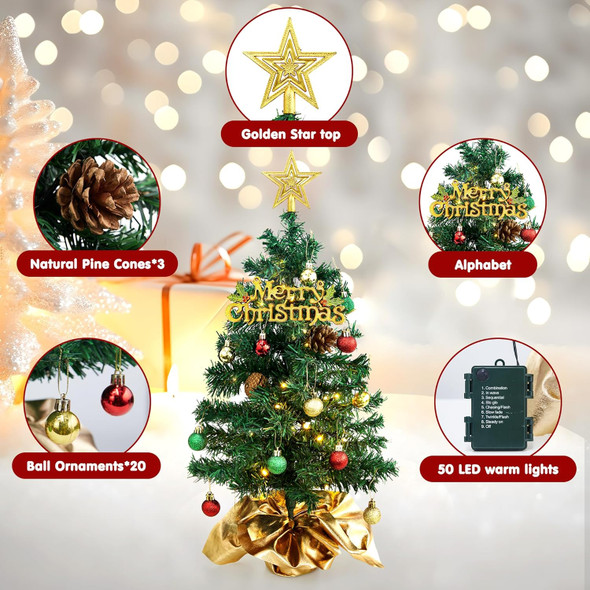 24Inch Small Christmas Tree with Lights, Tabletop Mini Christmas Tree Prelit for Office Table Decor, Small Xmas Tree with 50 Warm LED Lights (Gree)