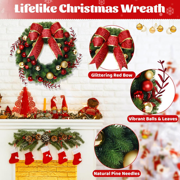 Christmas Decor - Christmas Wreaths with Bowknot, 16 Inch Christmas Wreaths for Front Door, Christmas Door Wreath with Glittering Red Gold Christmas Balls Branches for Xmas Home Outdoor Decor