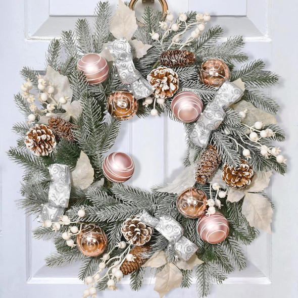 Christmas Decor - 20" Christmas Wreath with Christmas Balls, Christmas Door Wreath with Bow Ribbon Berries Pine Cones Leaves Christmas Wreaths for Front Door Home Outdoor Xmas Decor