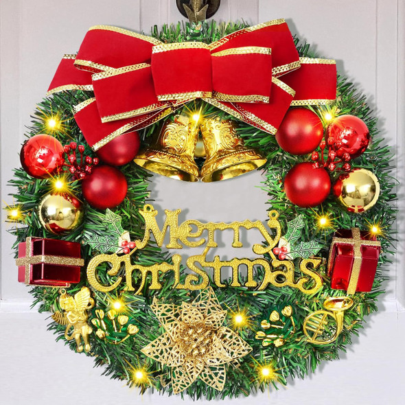 Christmas Decor - Christmas Wreaths for Front Door, 12" Christmas Wreath with Merry Christmas Sign, Christmas Door Wreath with Bowknot Bells Poinsettia Christmas Balls for Xmas Home Outdoor Decor
